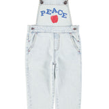 dungarees - washed light blue denim w/ "peace" print