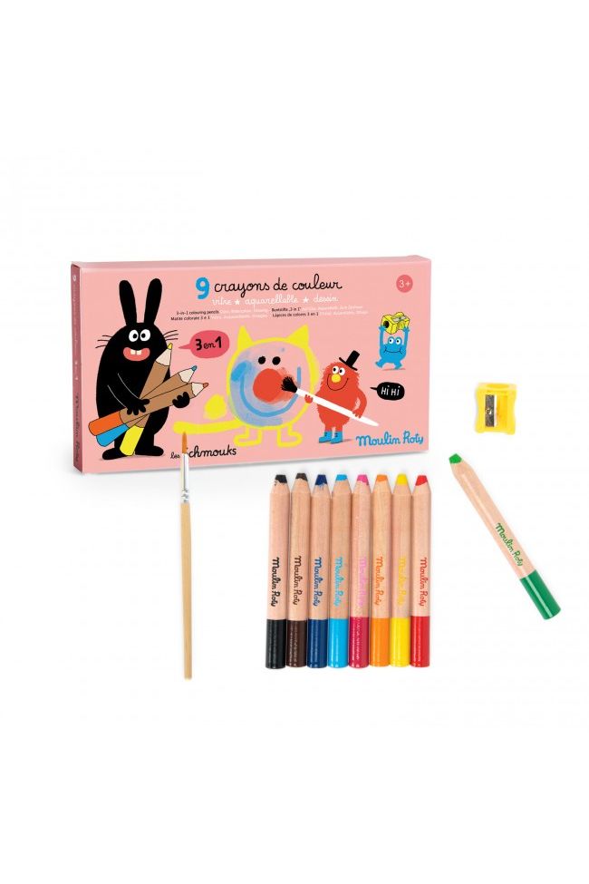 9 kleurpotloden 3 in 1 - Les Schmouks van Moulin Roty | Kids Conceptstore Le Fanfare