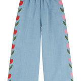 Pantalon denim brode tulipe - Bleu delave