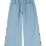 Pantalon denim brode tulipe - Bleu delave