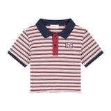 Pam Cropped Polo T-Shirt - Stripes Bordeaux/Navy/Ecru