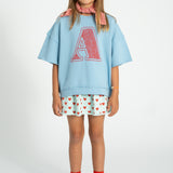 short skirt - light blue w/ red hearts allover