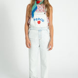 dungarees - washed light blue denim w/ "peace" print