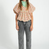 cropped blouse w/ baloon sleeves - light yellow w/ cherries allover