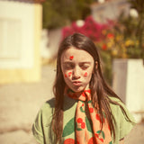 silky bandana - coral w/ cherries allover