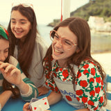 dungarees - washed light blue denim w/ "peace" print