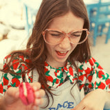 dungarees - washed light blue denim w/ "peace" print