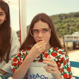 dungarees - washed light blue denim w/ "peace" print