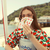 dungarees - washed light blue denim w/ "peace" print