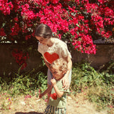 t'shirt w/ collar- ecru w/ red heart print