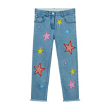 Denim Stretch Trousers With Multicolor Stars Embro Patch - blue
