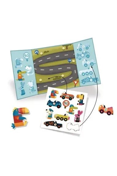Achtergrond en herplaatsbare stickers. Auto's van Djeco | Kids Conceptstore Le Fanfare