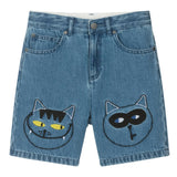 Denim Shorts With Embro Cats Faces On Knees - teal