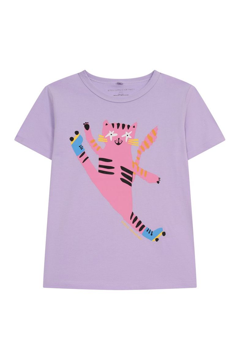Cotton Jersey T-Shirt With High Kick Roller Cat Print - purple van Stella McCartney | Kids Conceptstore Le Fanfare