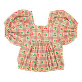 cropped blouse w/ baloon sleeves - light yellow w/ cherries allover