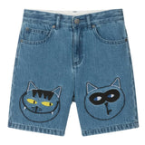 Denim Shorts With Embro Cats Faces On Knees - teal van Stella McCartney | Kids Conceptstore Le Fanfare