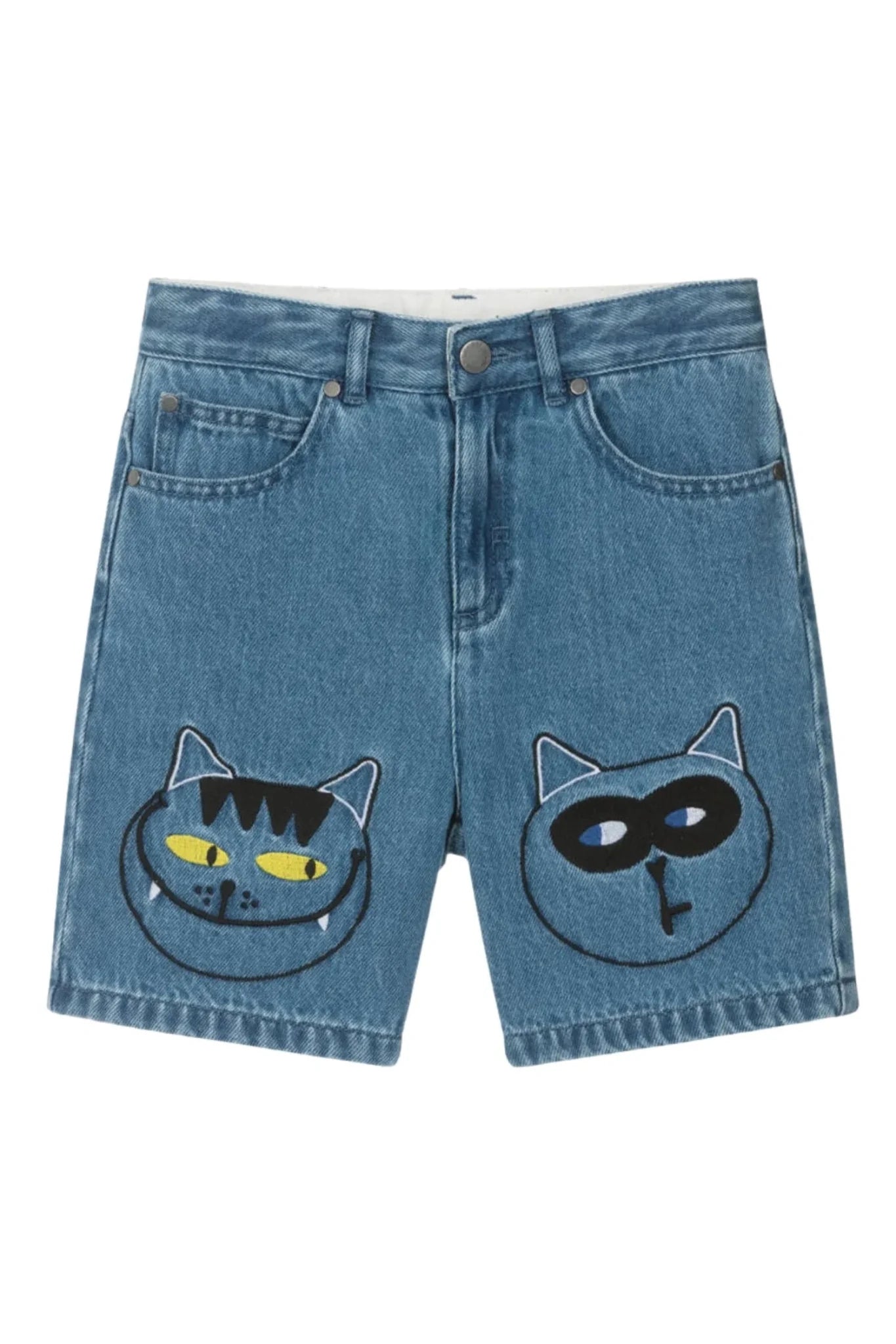 Denim Shorts With Embro Cats Faces On Knees - teal van Stella McCartney | Kids Conceptstore Le Fanfare
