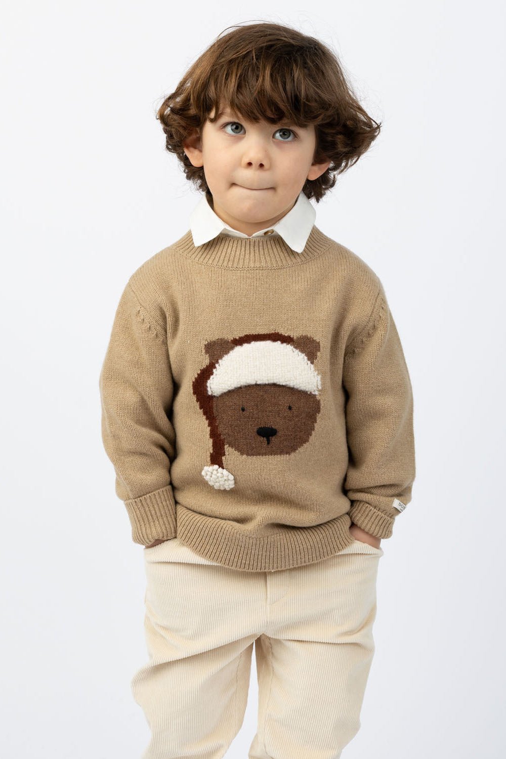 Denn Merino Wool Sweater | Christmas Bear - Latte Melange van Donsje Amsterdam | Kids Conceptstore Le Fanfare