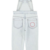dungarees - washed light blue denim w/ "peace" print