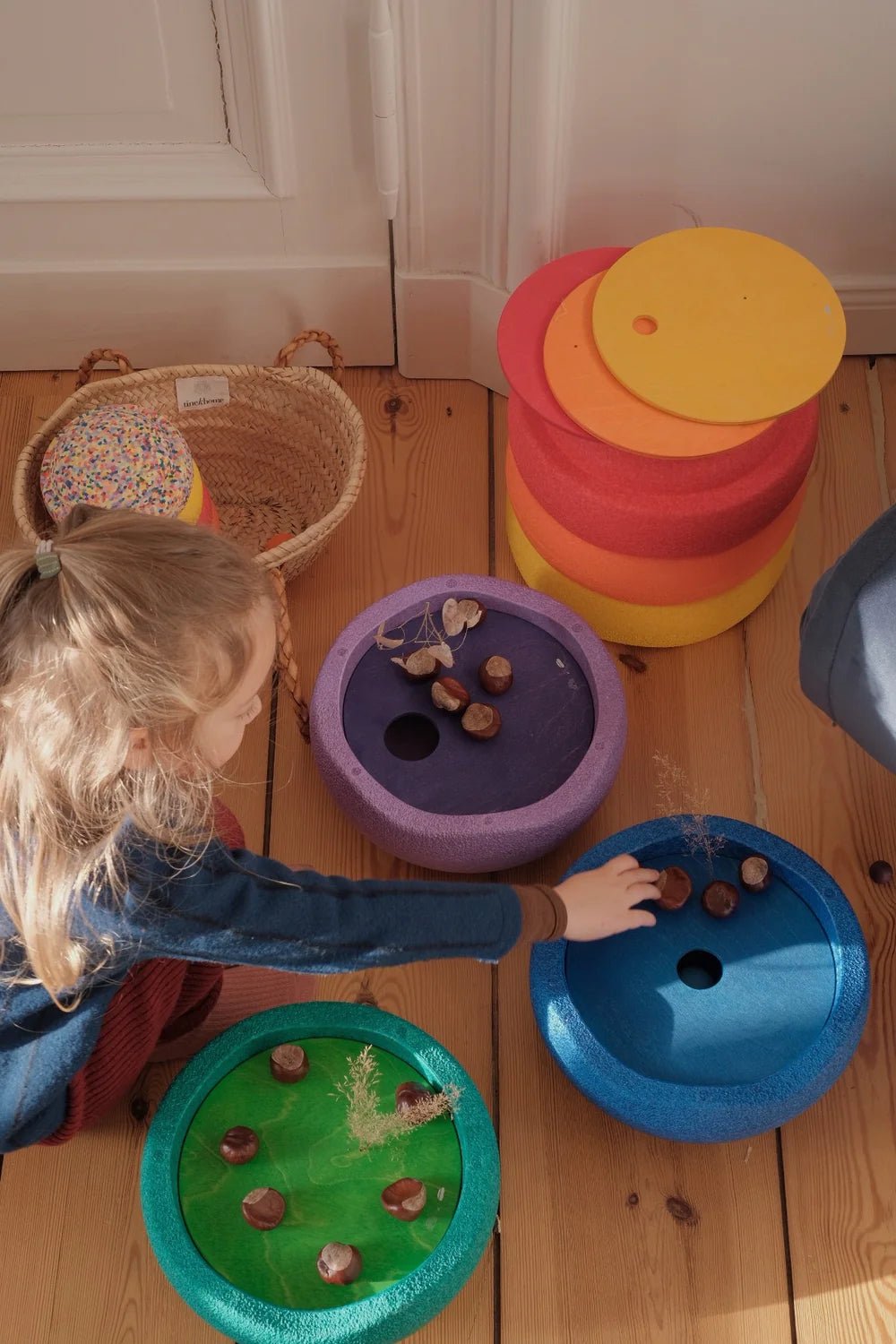 Grimms x Stapelstein Set - Rainbow Classic | Rolling Discs - Cool Classic van Stapelstein | Kids Conceptstore Le Fanfare