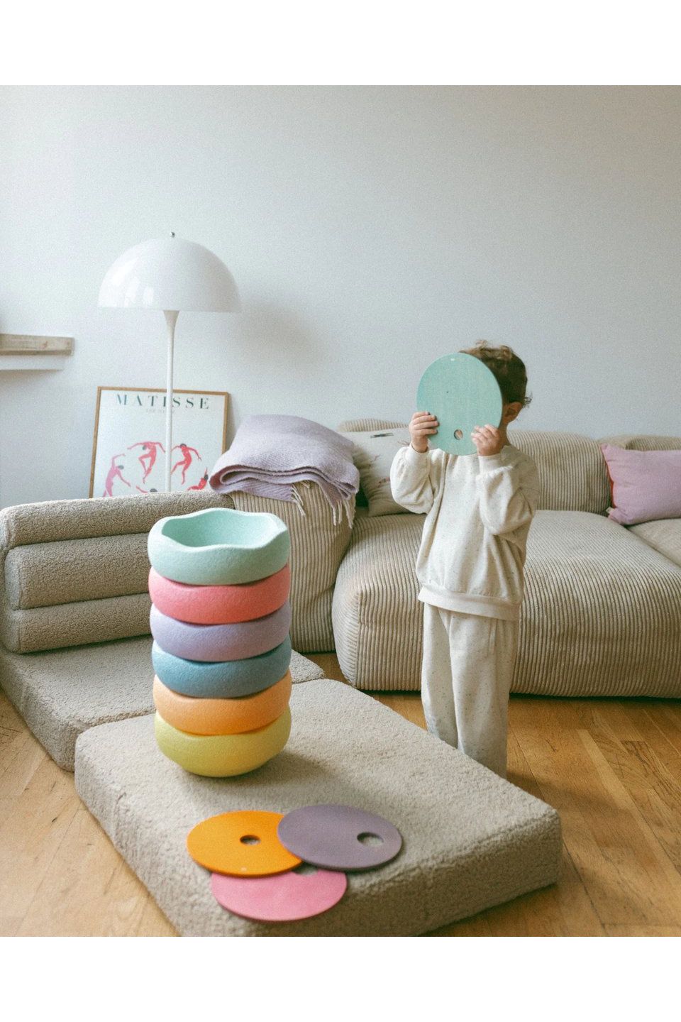 Grimms x Stapelstein Set - Rainbow Pastel | Rolling Discs - Cool Pastel van Stapelstein | Kids Conceptstore Le Fanfare
