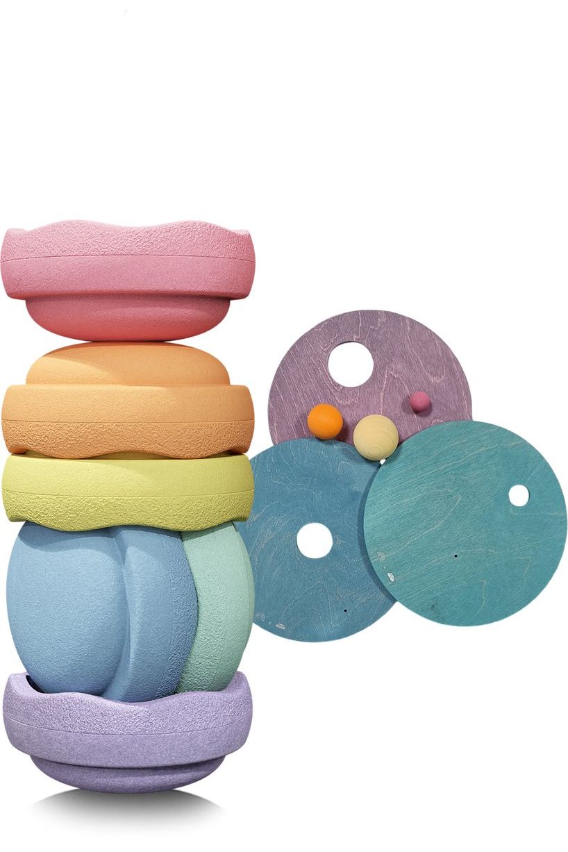 Grimms x Stapelstein Set - Rainbow Pastel | Rolling Discs - Cool Pastel van Stapelstein | Kids Conceptstore Le Fanfare