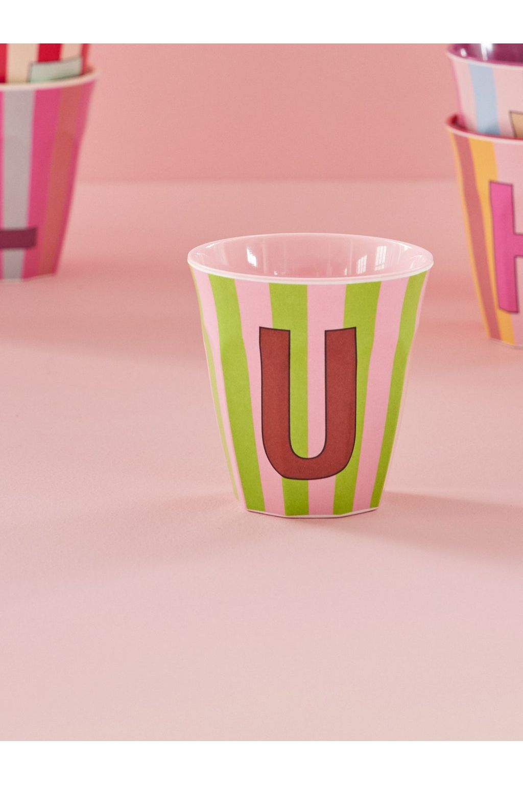 Melamine Cup - U - Pink - Stripes van Rice | Kids Conceptstore Le Fanfare