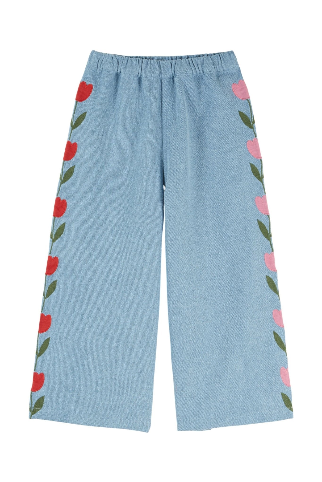 Pantalon denim brode tulipe - Bleu delave van Emile et Ida | Kids Conceptstore Le Fanfare
