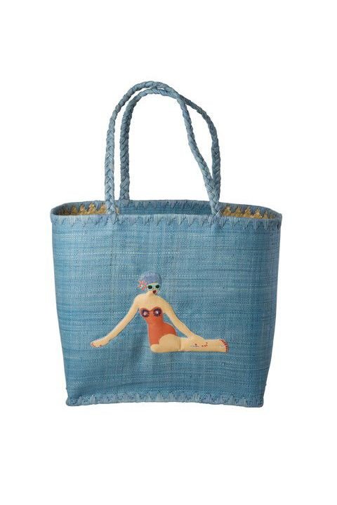 Raffia Bag in Blue with Lady Swimster and Raffia Handles van Rice | Kids Conceptstore Le Fanfare
