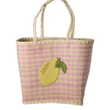 Raffia Bag with Lemon Embroidery in Pink van Rice | Kids Conceptstore Le Fanfare