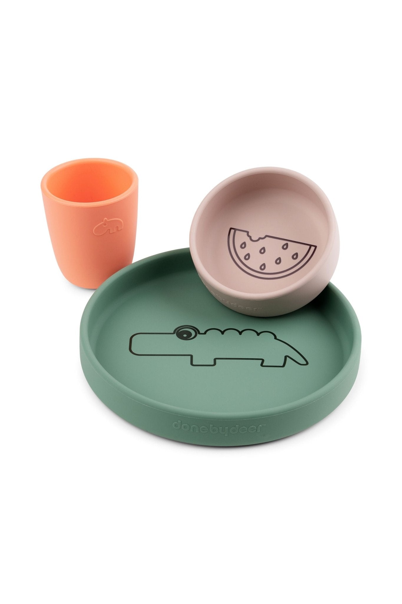 Silicone dinner set Croco Green/Powder/Coral van Done by Deer | Kids Conceptstore Le Fanfare