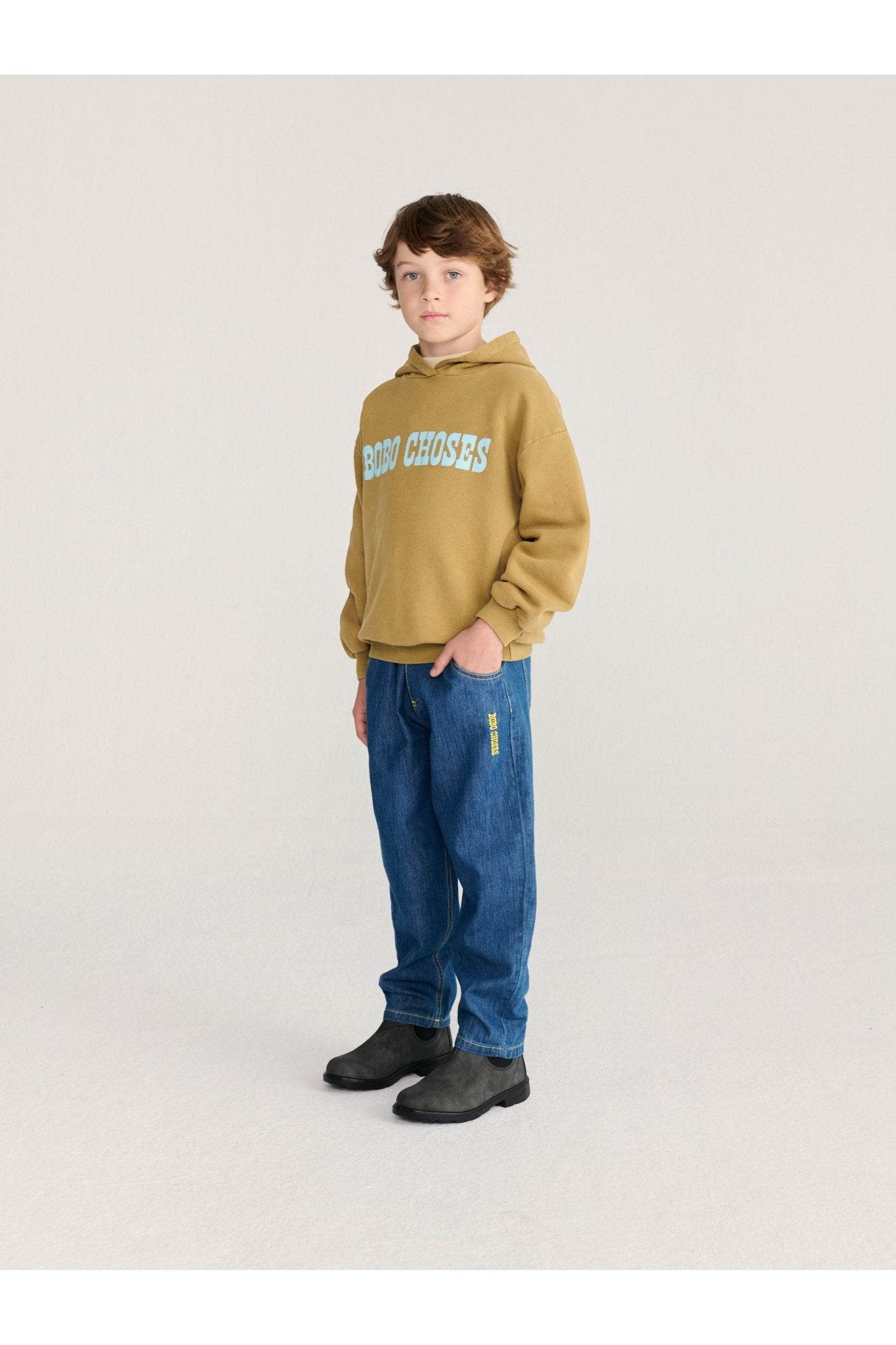 Taxi Saurus Tag denim pants - Midnight Blue van Bobo Choses | Kids Conceptstore Le Fanfare