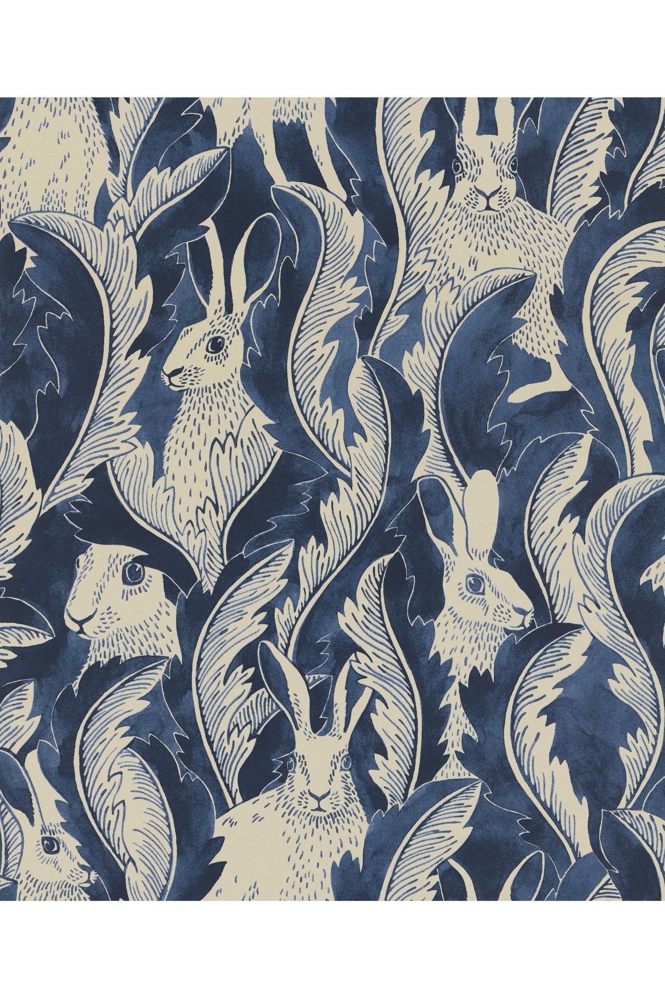 Wallpaper Hares In Hiding - Dark Denim van Långelid / von Brömssen | Kids Conceptstore Le Fanfare