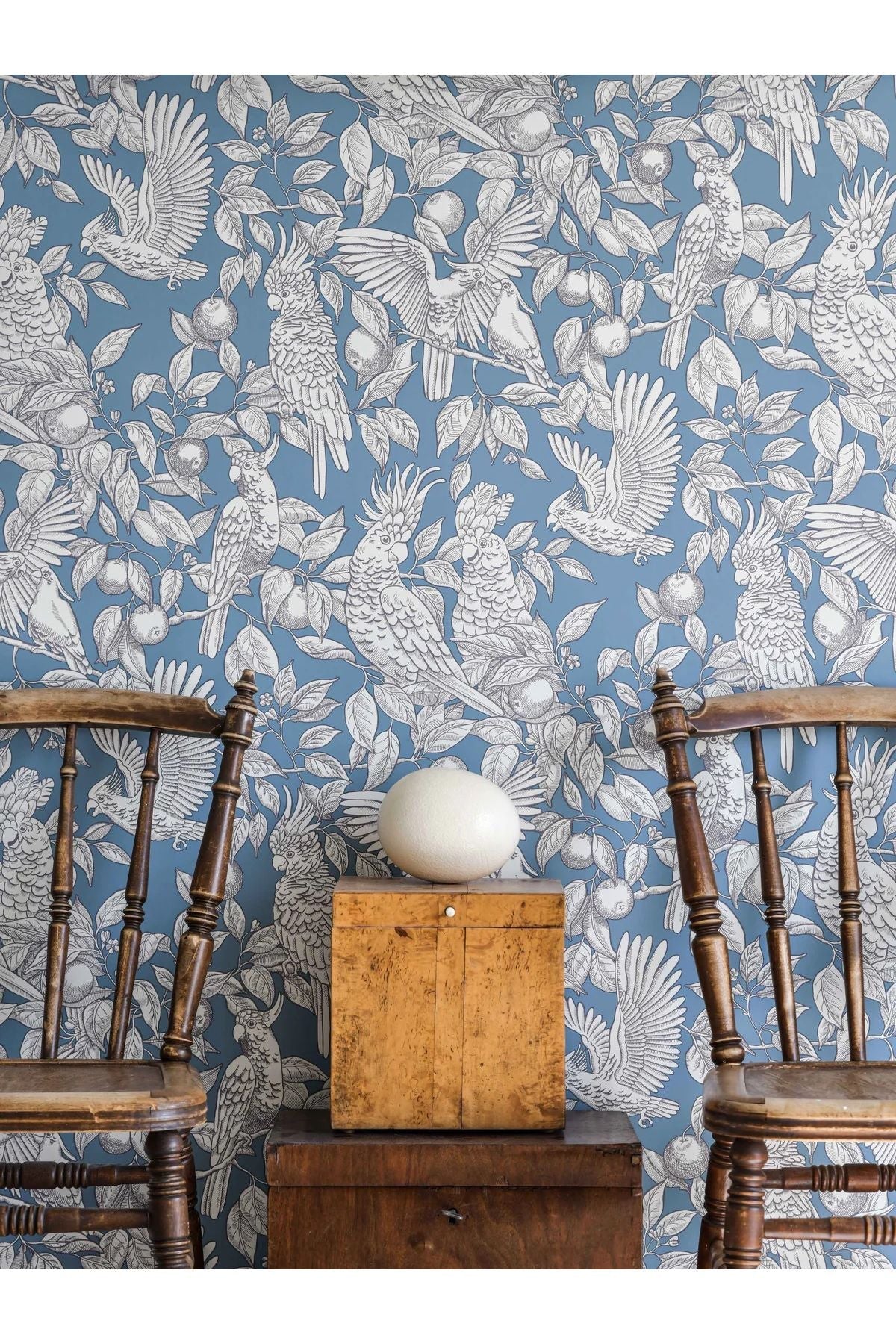 Wallpaper Talk About Cockatoos - Faded Denim van Långelid / von Brömssen | Kids Conceptstore Le Fanfare
