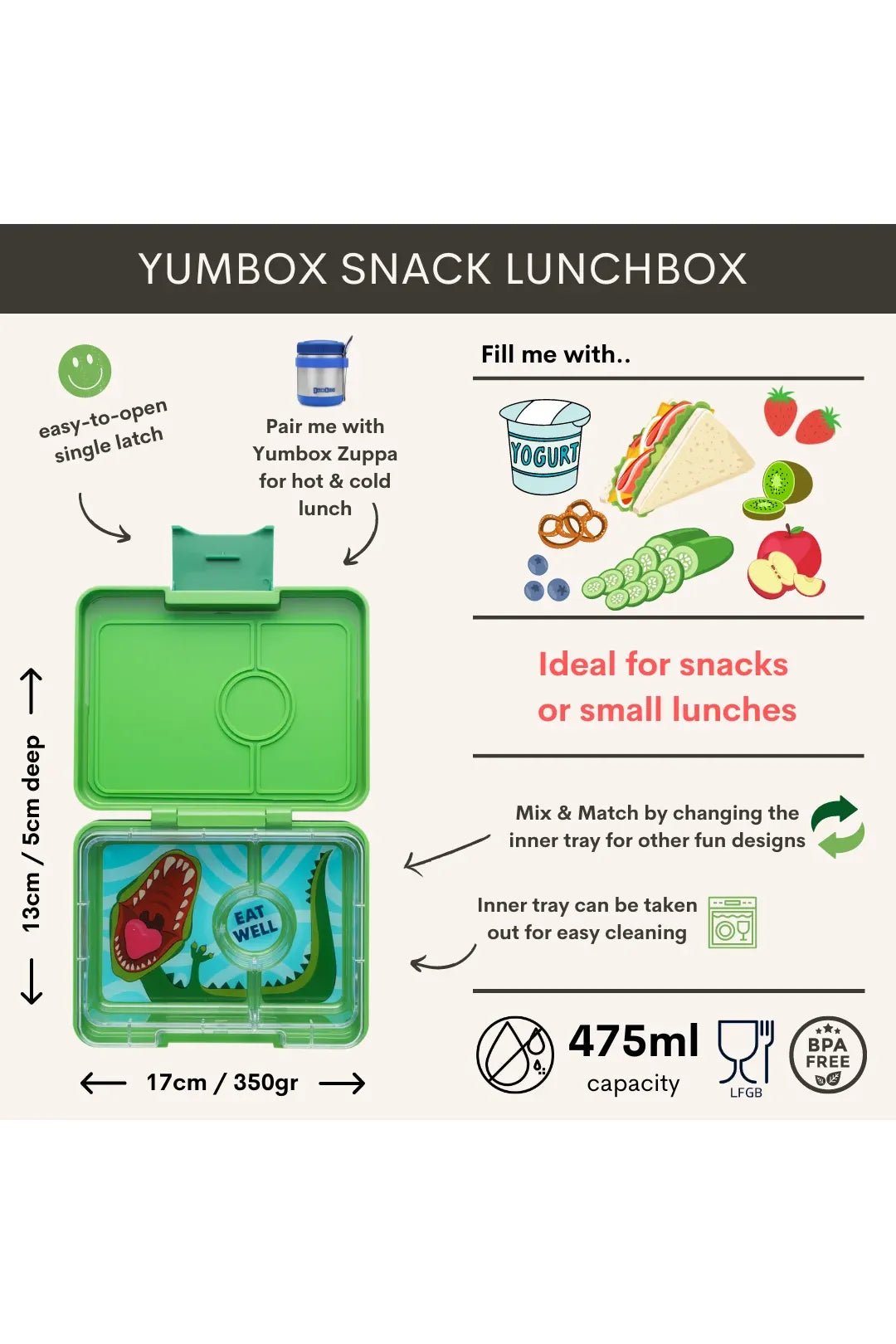Yumbox Snack 3-vakken - Jurassic Green / Dinosaur tray van Yumbox | Kids Conceptstore Le Fanfare