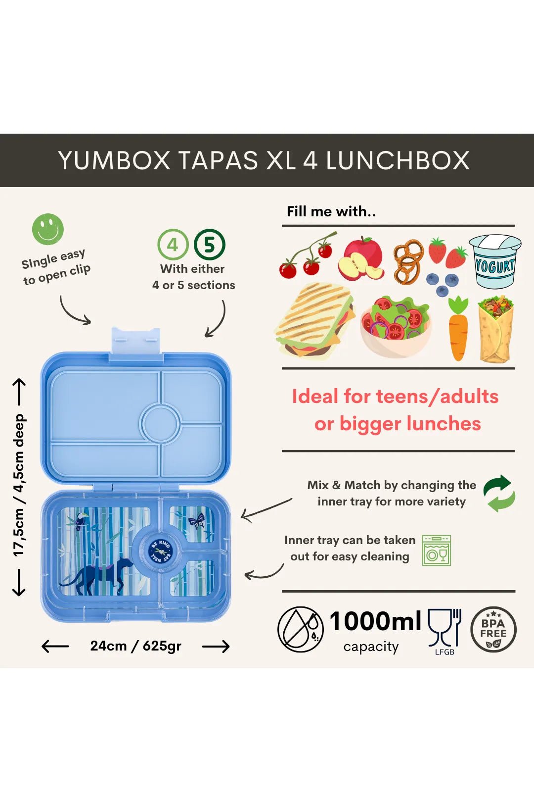 Yumbox Tapas XL met 4-vakken - Hazy Blue / Panther tray 4 vakken van Yumbox | Kids Conceptstore Le Fanfare