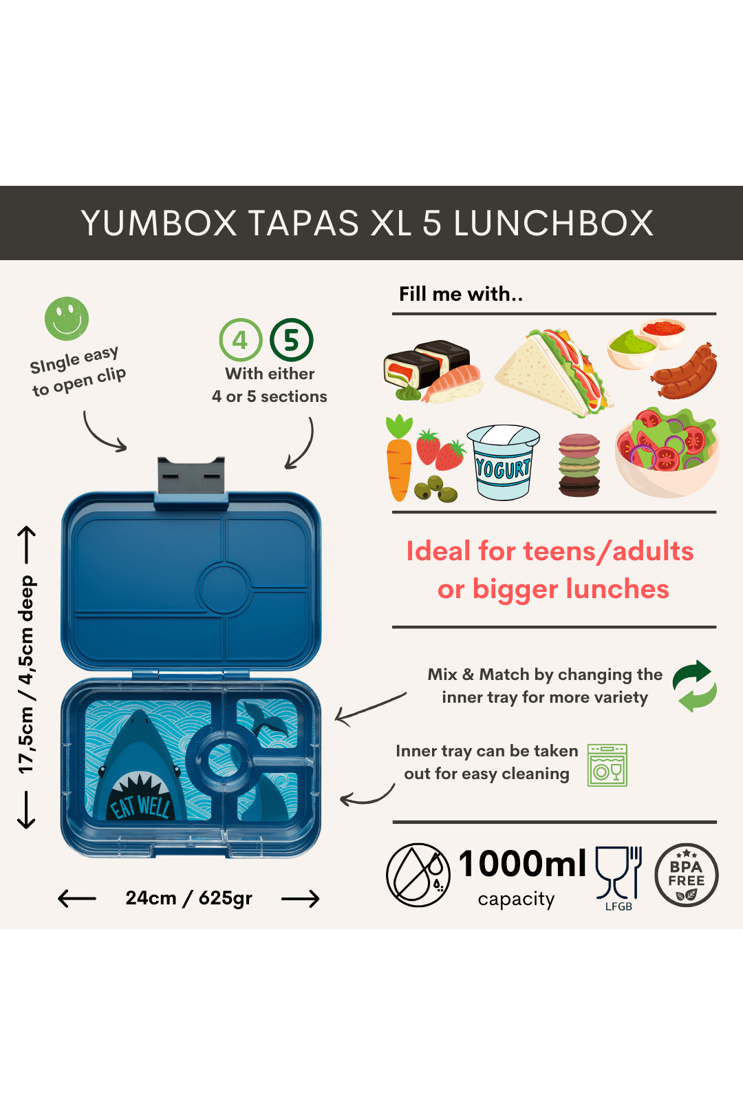 Yumbox Tapas XL met 4-vakken - Monte Carlo Blue / Shark tray 4 vakken van Yumbox | Kids Conceptstore Le Fanfare