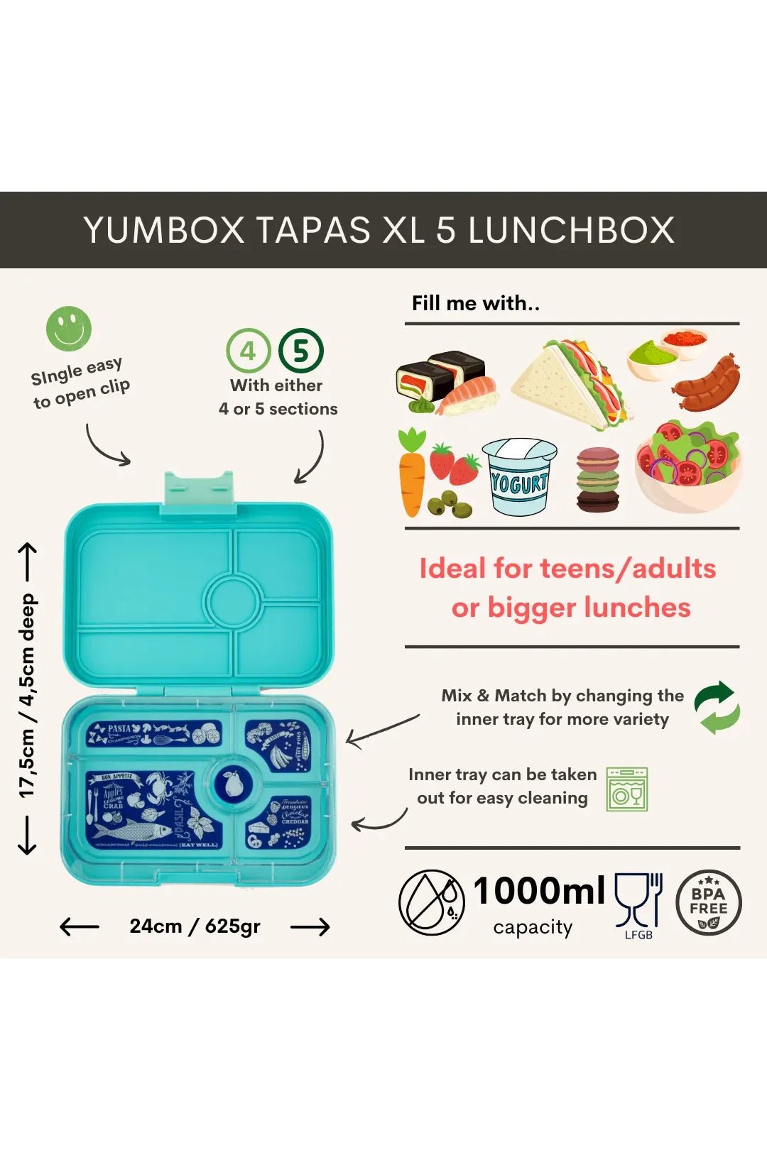 Yumbox Tapas XL met 5-vakken - Antibes Blue / Bon Appetit van Yumbox | Kids Conceptstore Le Fanfare