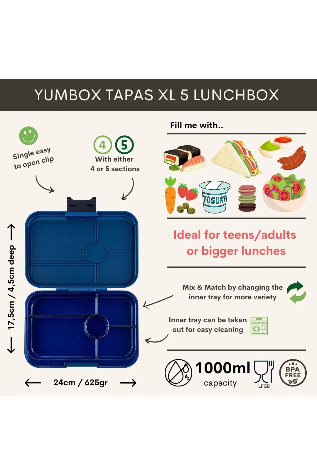 Yumbox Tapas XL met 5-vakken - Monte Carlo Blue / Navy Clear van Yumbox | Kids Conceptstore Le Fanfare