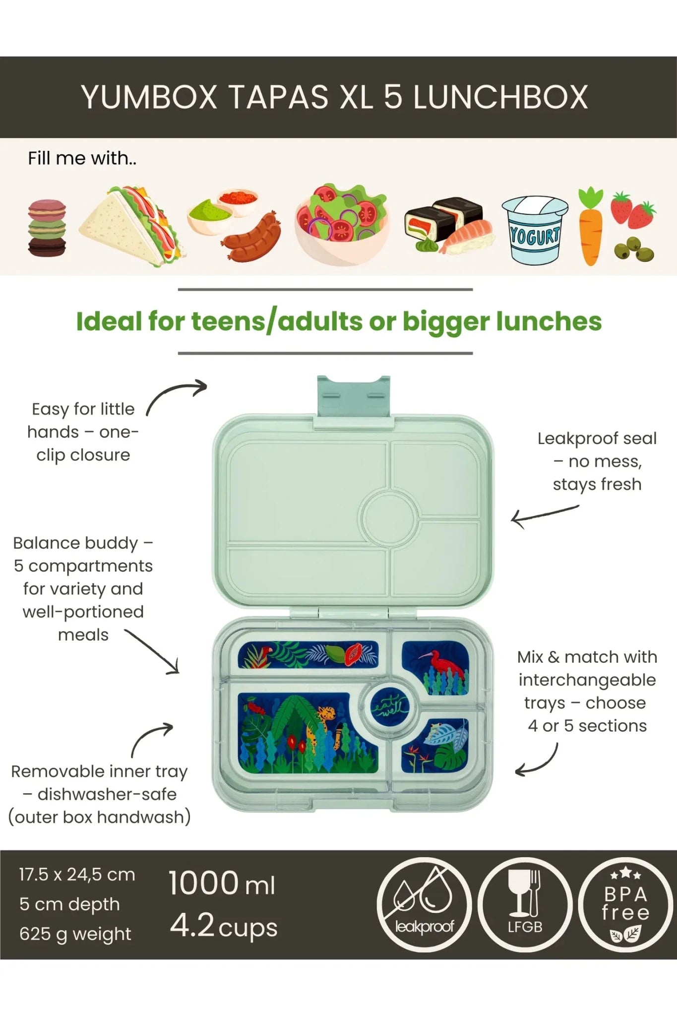 Yumbox Tapas XL met 5-vakken - Pistachio Green / Jungle tray 5 vakken van Yumbox | Kids Conceptstore Le Fanfare