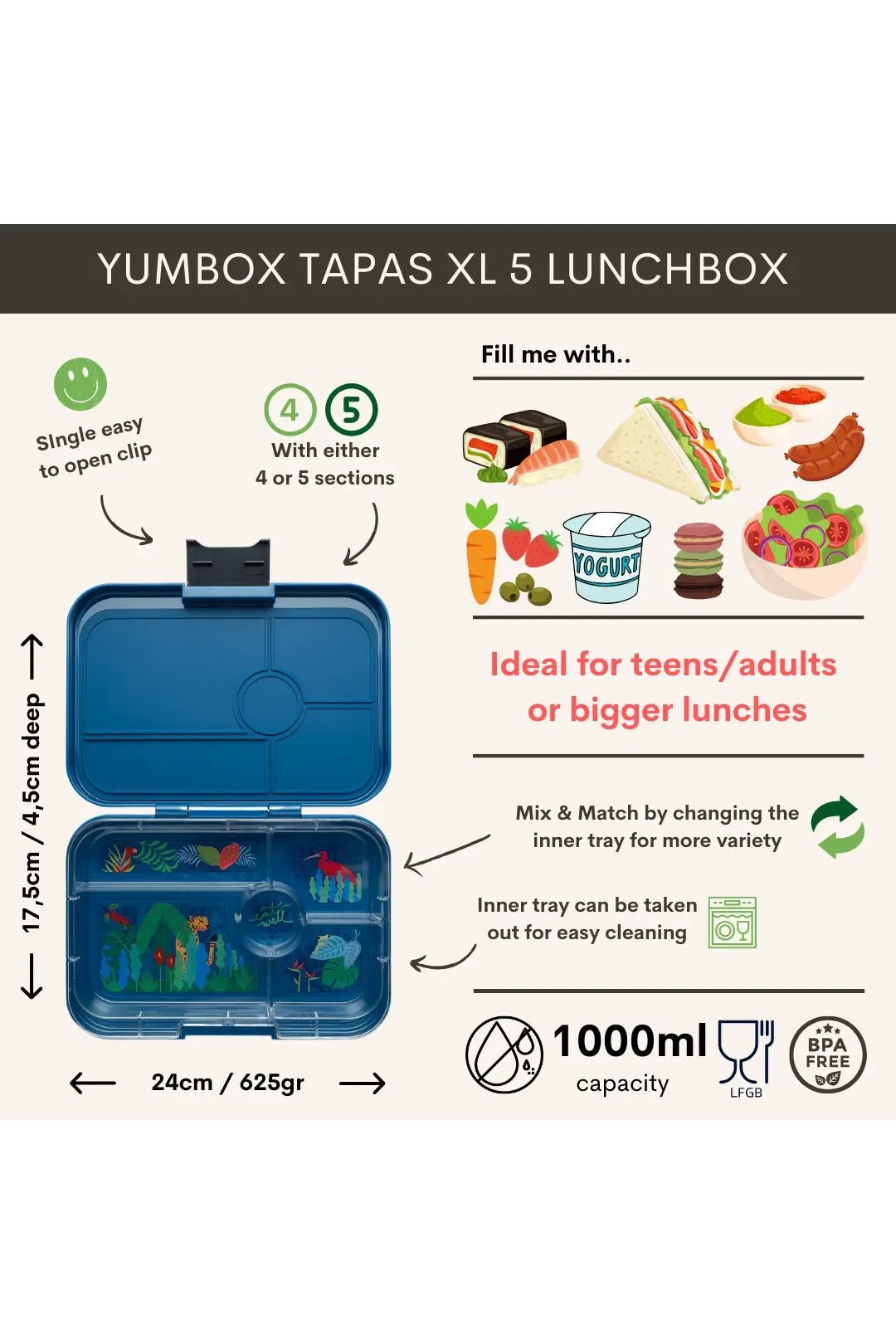 Yumbox Yumbox Tapas XL met 5-vakken - Monte Carlo Blue / Jungle tray 5 vakken van Yumbox | Kids Conceptstore Le Fanfare